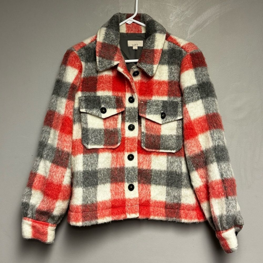 Loft Women’s Plaid Jacket button size Medium M pink gray